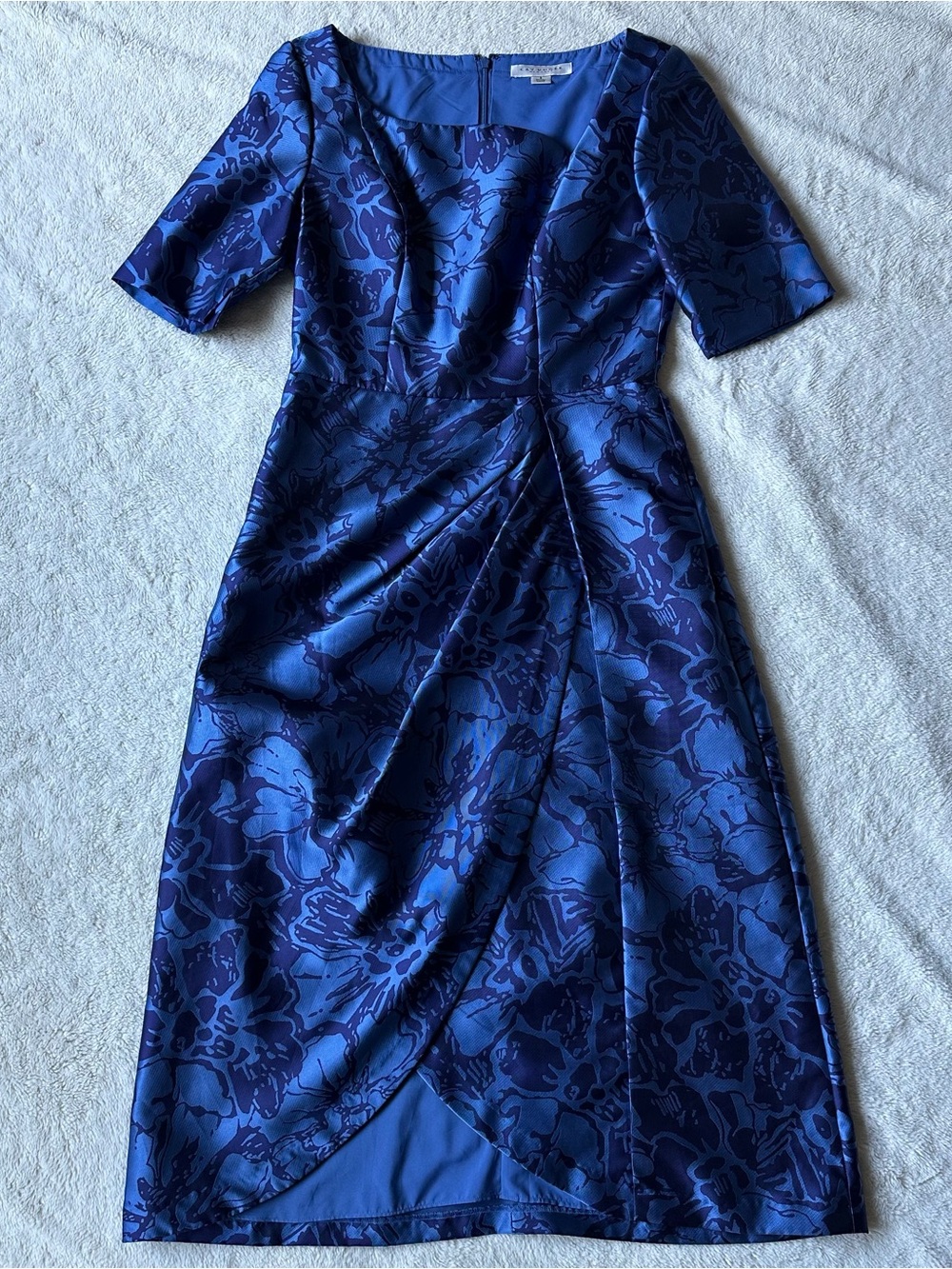 Kay Unger Blue Asymmetrical Neck Tallulah Floral Jacquard Lined Midi Dress Sz 8